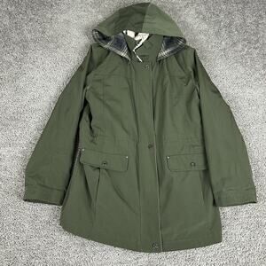 Nautica Jacket Womens L Green Hooded Plaid Lined Parka Coat Sherpa Collar Warm